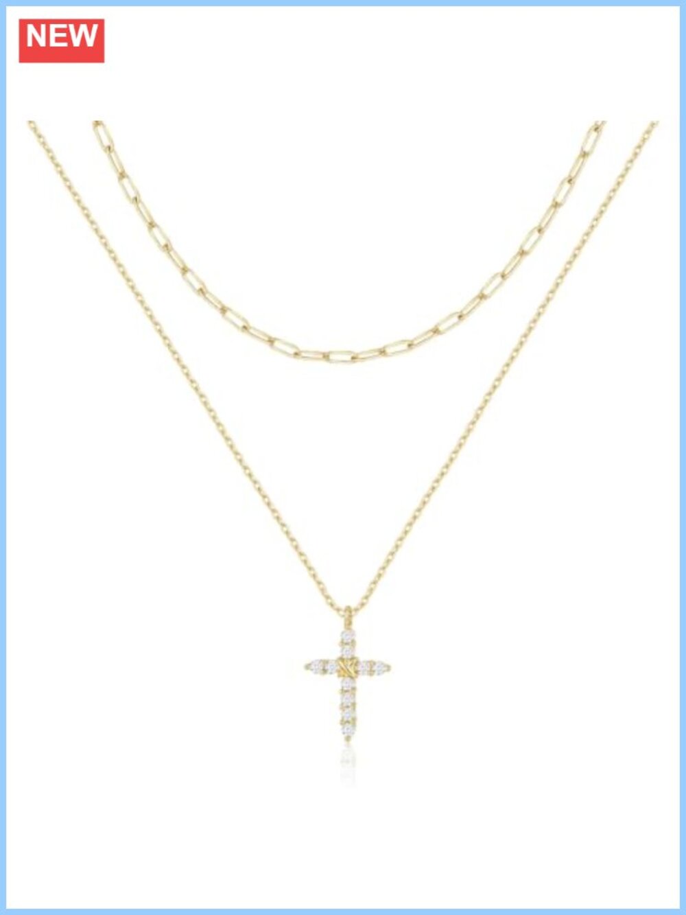 14K Gold Plated Cubic Zirconia Cross Layered Pendant Necklace Dainty Faith